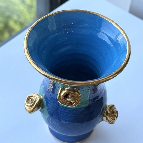 Mary Rose Young Studio Pottery Blue And Green Gold Rose Floral Vase Signed 1995 - Picture 6 of 10